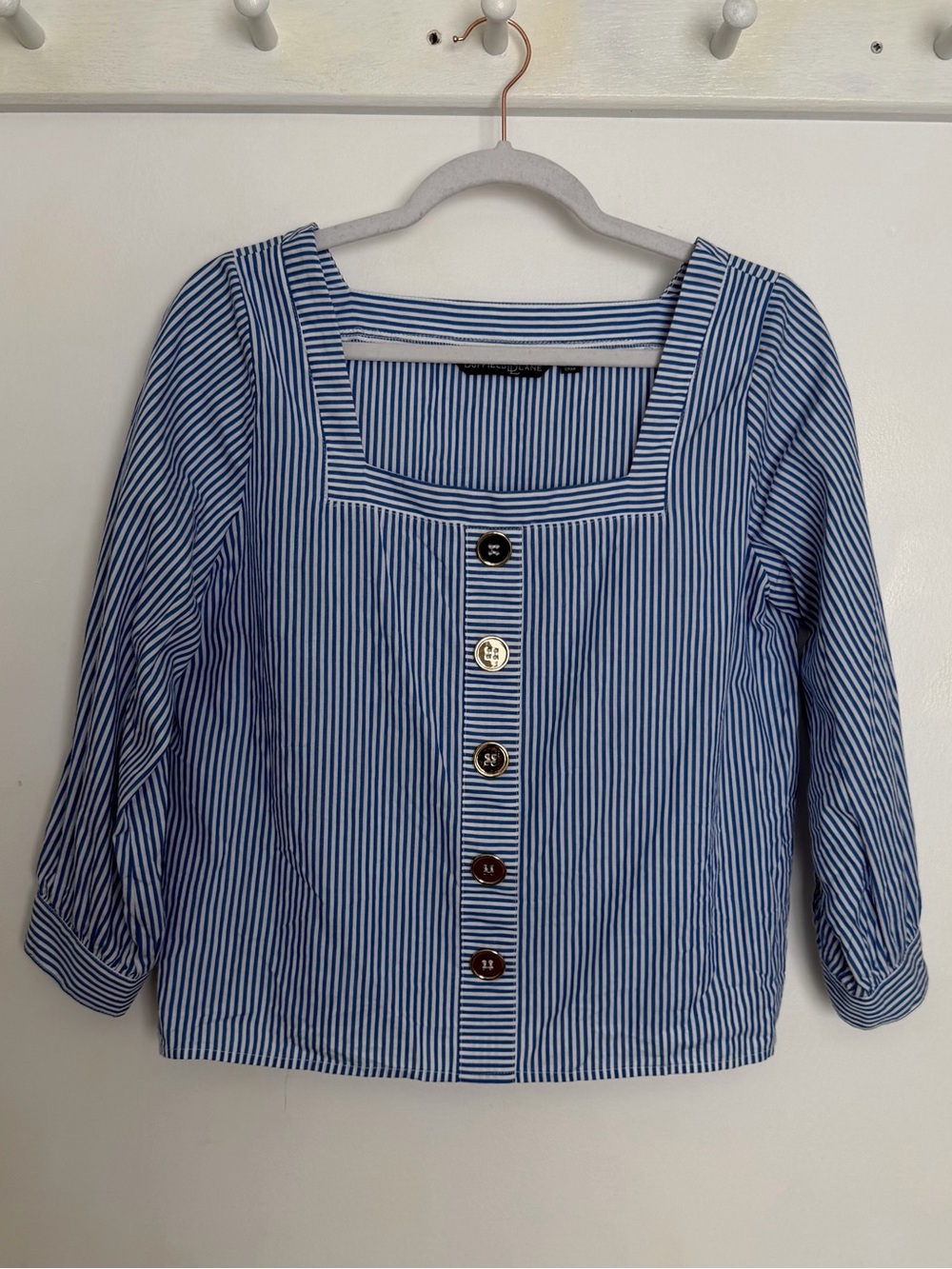 Duffield Lane "Elise" Navy White Stripe Square Neck Button Detail Blouse Top